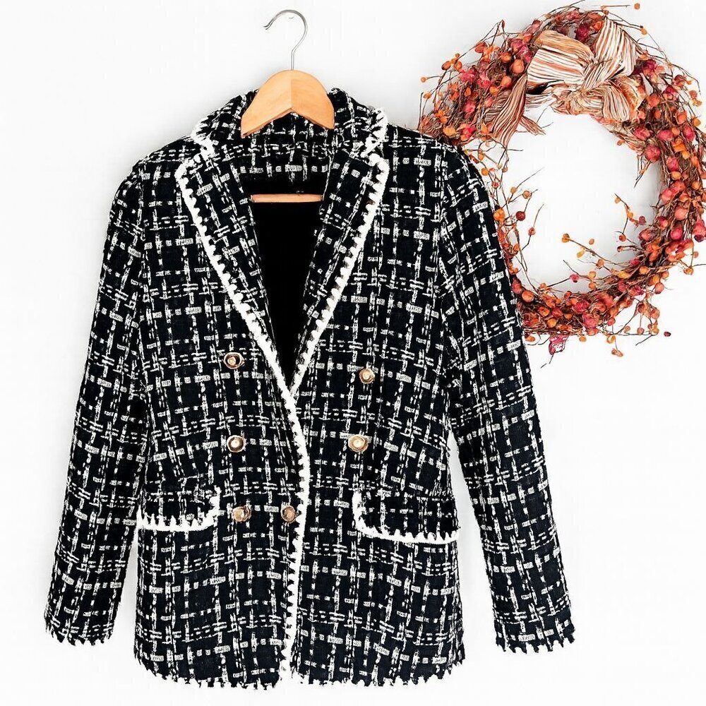 Laundry by Shelli Segal Womens Double Breasted Tweed Blazer XTRA-SMALL Black